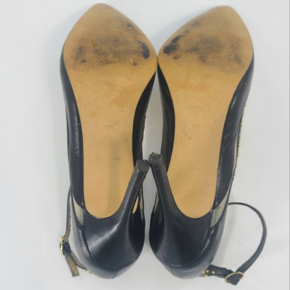 LEVITY BLACK AND SHEER LEATHER ANKLE STRAP PUMPS WITH GOLD STUDS..SIZE 8 - Picture 10 of 10